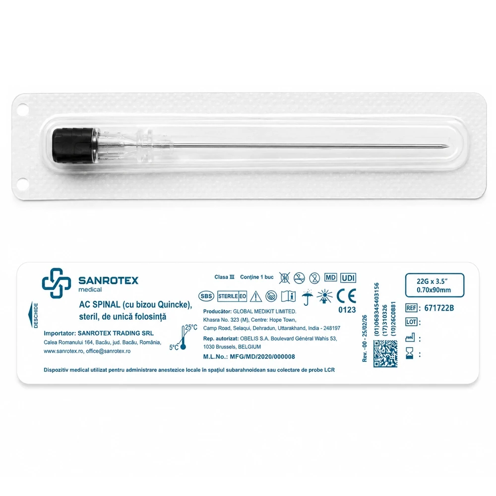 Ac Spinal 22G 0.70x90mm Quincke Bevel Steril 25 bucati