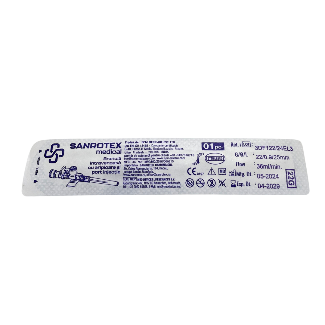 Branula SAFETY cu valva si aripioare 22G Albastru – 100 bucati