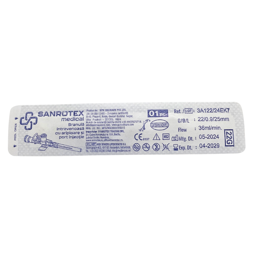 Branula cu valva si aripioare 22G Albastru – 100 bucati