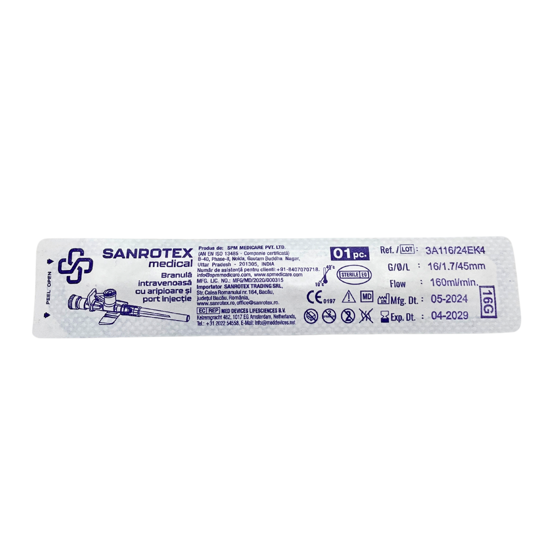 Branula cu valva si aripioare 16G Gri – 100 bucati