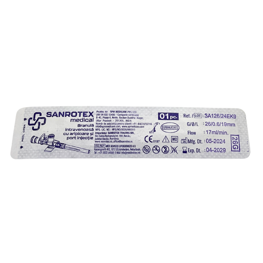 Branula cu valva si aripioare 26G Mov – 100 bucati