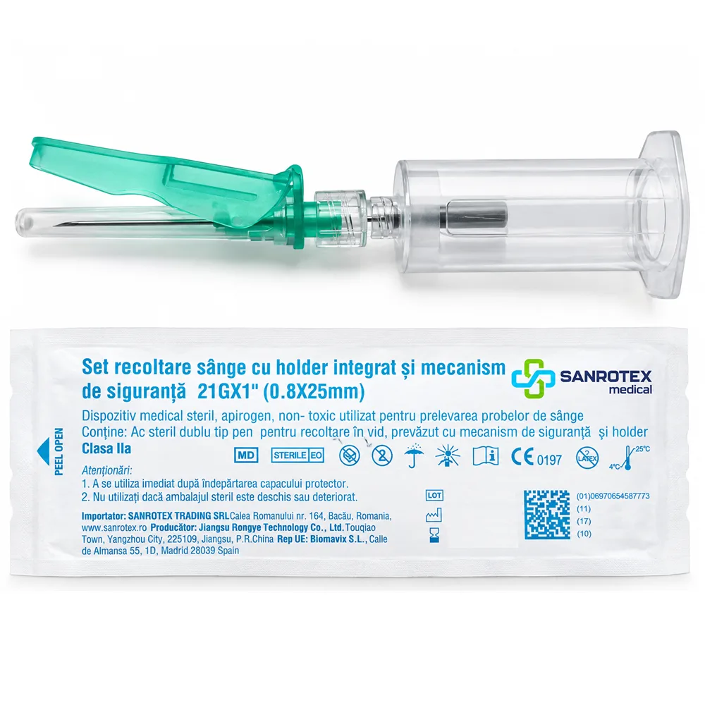 Set Recoltare Sange cu Holder Integrat si Mecanism de Siguranta 21G x 1″ 0.8 x 25 mm 100 buc
