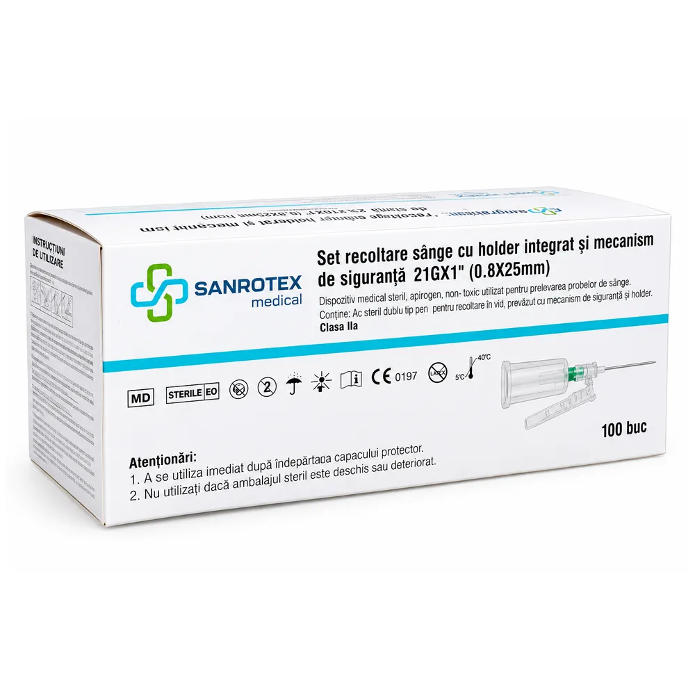 Set Recoltare Sange cu Holder Integrat si Mecanism de Siguranta 21G x 1″ 0.8 x 25 mm 100 buc